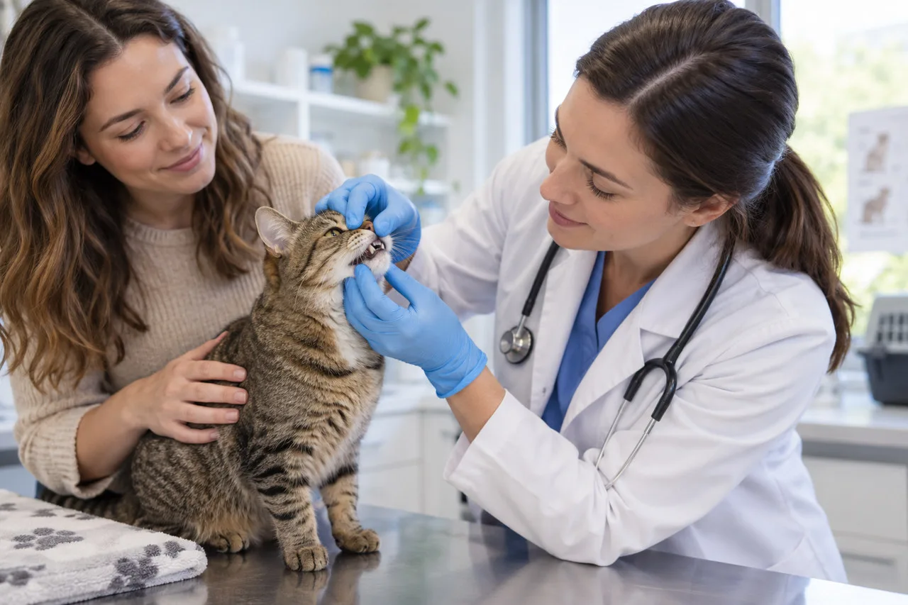 Veterinarian examining a cat held gently by its owner